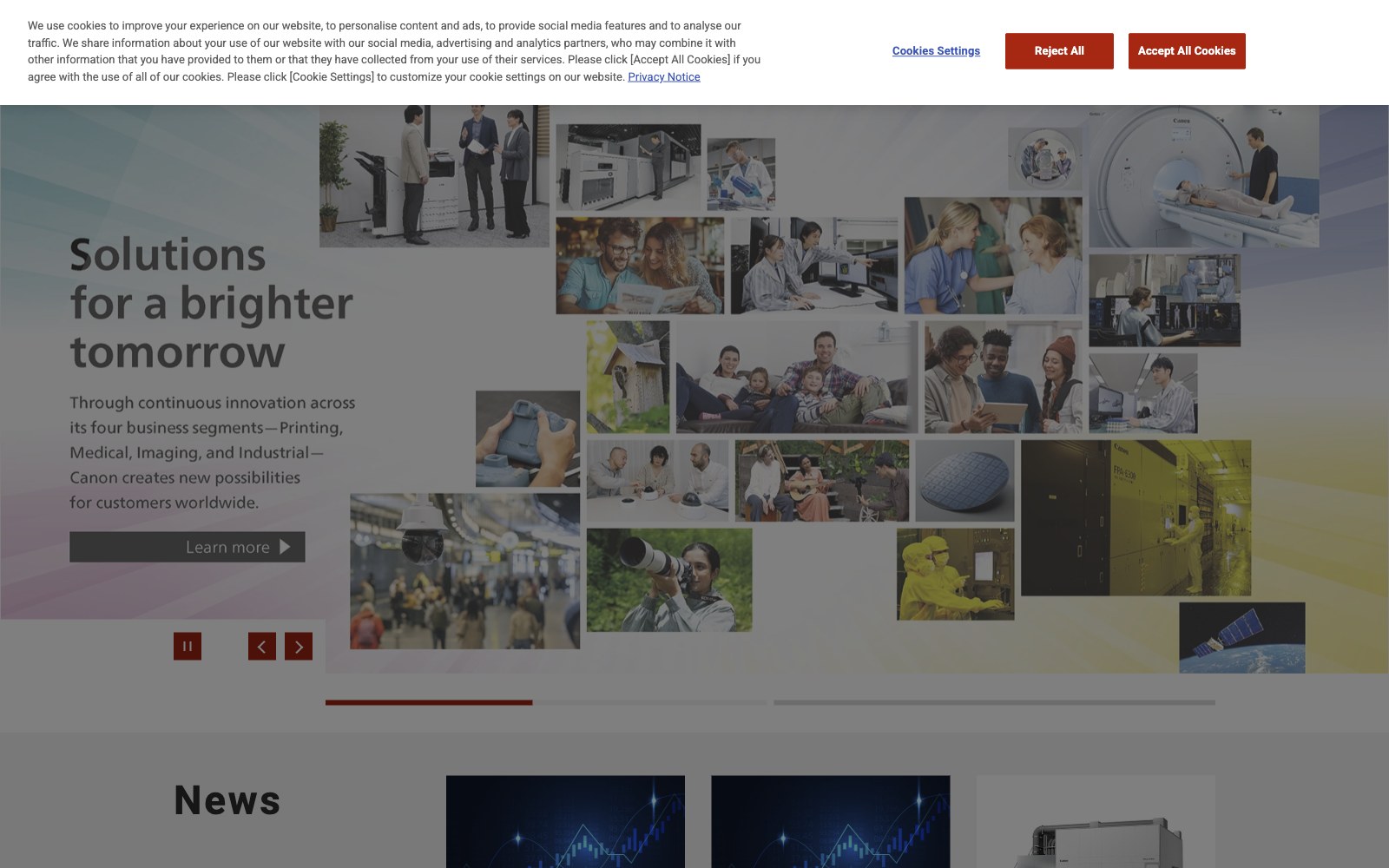 Grid of small photos showing medical staff, workers, and technology, with "Solutions for a brighter tomorrow" text overlay
