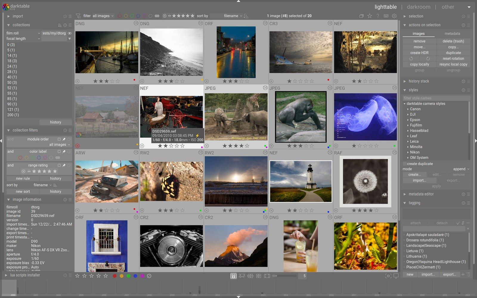 Screenshot of darktable's lighttable module showing a grid of thumbnail photos and editing panels