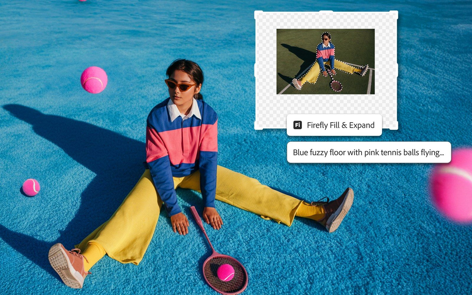 Person in colorful sweater sitting on blue turf with pink tennis balls, next to a Firefly Fill and Expand editing panel