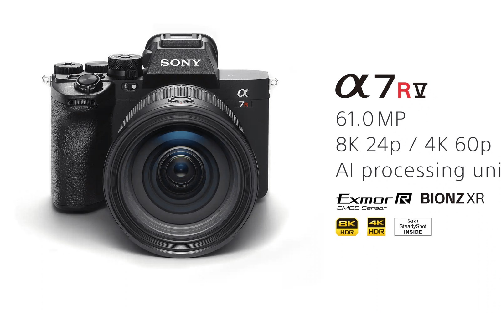 Sony a7R V mirrorless camera shown front-on with lens attached and specs listed alongside