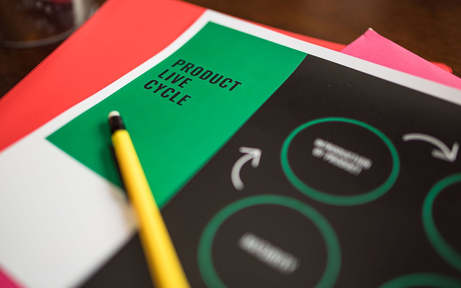 A yellow pencil rests on a printed diagram titled "product live cycle" with circular flow arrows